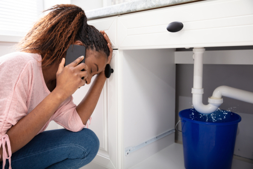 Young,Woman,Calling,Plumber,Crouching,In,Front,Of,Water,Leaking Emergency Plumbing Services in Harford County
